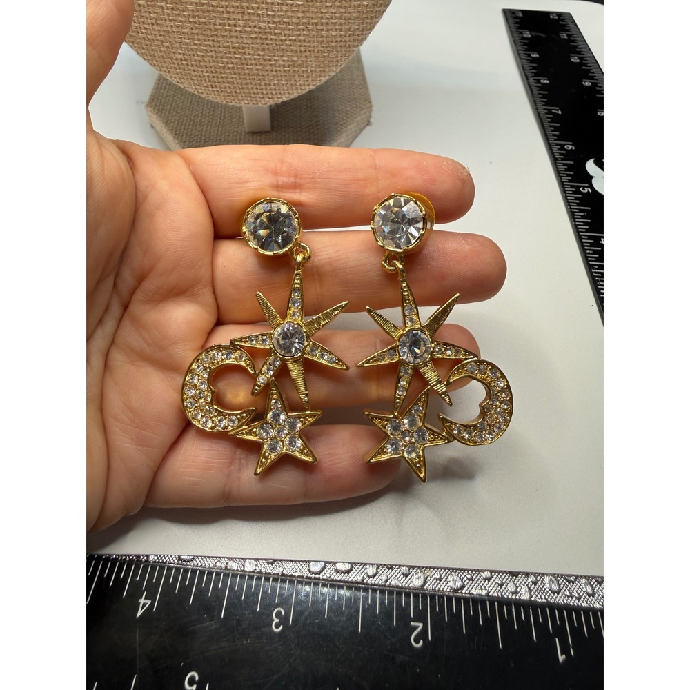 Gold Tone Celestial Moon and Star Rhinestone‎ Drop Dangle Earrings Statement